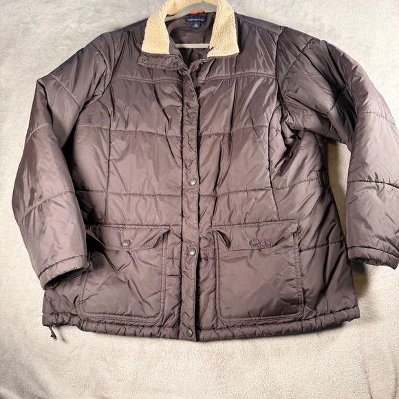 Lands' End Jackets & Blazers - Lands End Womens 3X Brown Quilted Puffer Jacket Sherpa Collar Pockets Coat